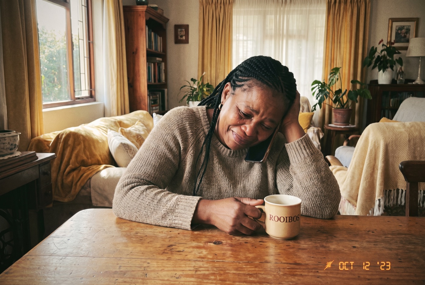 A woman listening to a daily voice note at home